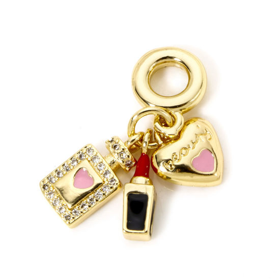 Image de 1 Pièce Perles de Charme Pendantes pour la Fabrication de Bijoux de Bracelet et de Collier Voyage en Laiton Lèvres Rouge Plaqué Or Véritable 18K Cœur Émail à Strass Transparent 3cm