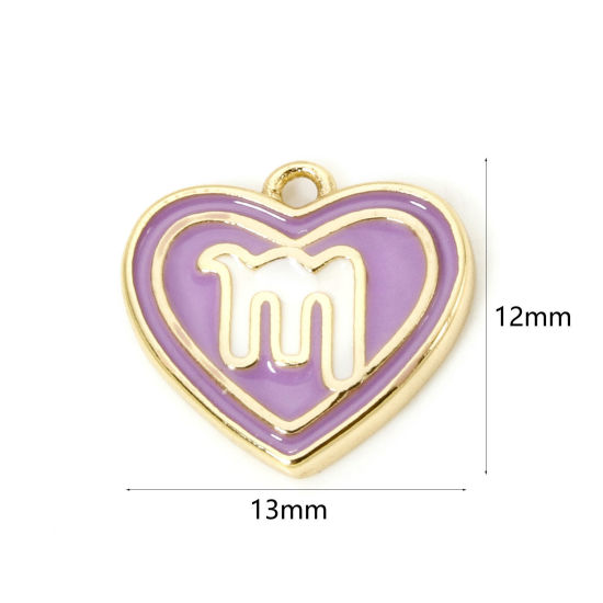 Picture of 2 PCs Brass Charms 18K Real Gold Plated Purple Heart Scorpio Sign Of Zodiac Constellations Enamel 13mm x 12mm