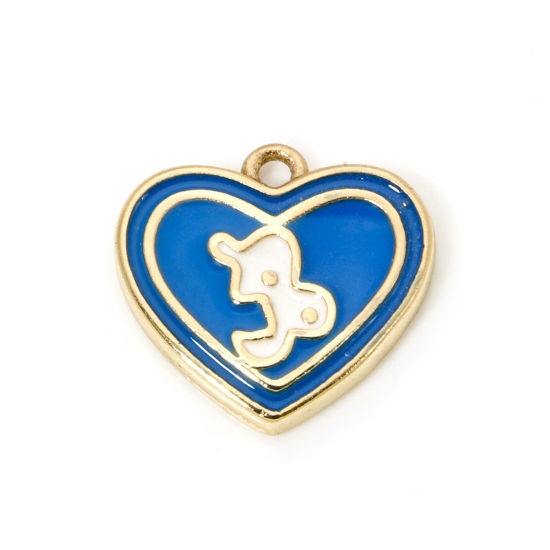 Picture of 2 PCs Brass Charms 18K Real Gold Plated Dark Blue Heart Capricornus Sign Of Zodiac Constellations Enamel 13mm x 12mm