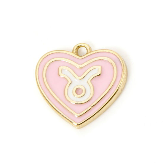 Picture of 2 PCs Brass Charms 18K Real Gold Plated Light Pink Heart Taurus Sign Of Zodiac Constellations Enamel 13mm x 12mm