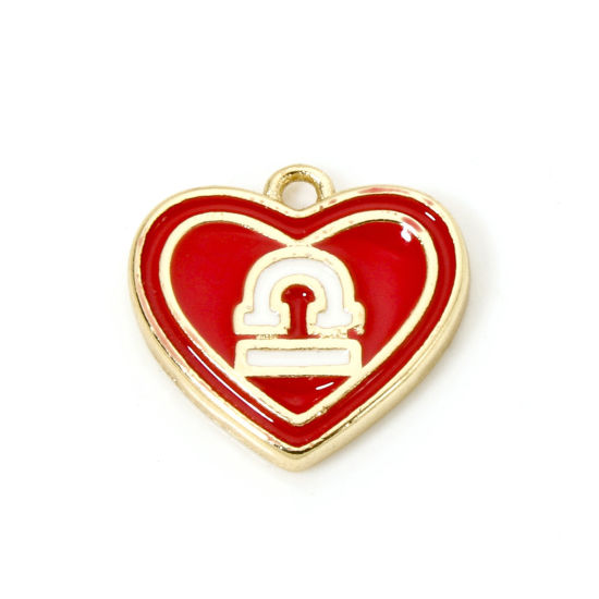 Picture of 2 PCs Brass Charms 18K Real Gold Plated Red Heart Libra Sign Of Zodiac Constellations Enamel 13mm x 12mm