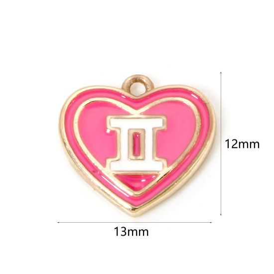 Picture of 2 PCs Brass Charms 18K Real Gold Plated Pink Heart Gemini Sign Of Zodiac Constellations Enamel 13mm x 12mm