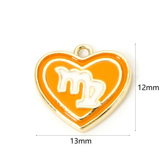 Picture of 2 PCs Brass Charms 18K Real Gold Plated Orange Heart Virgo Sign Of Zodiac Constellations Enamel 13mm x 12mm