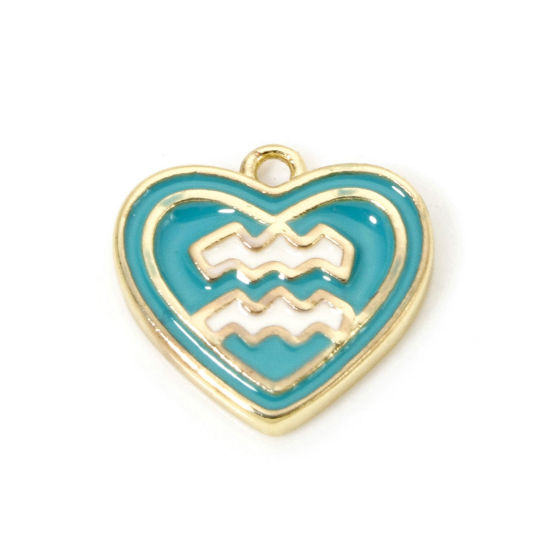 Picture of 2 PCs Brass Charms 18K Real Gold Plated Green Blue Heart Aquarius Sign Of Zodiac Constellations Enamel 13mm x 12mm