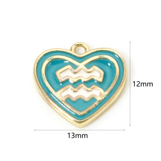 Picture of 2 PCs Brass Charms 18K Real Gold Plated Green Blue Heart Aquarius Sign Of Zodiac Constellations Enamel 13mm x 12mm