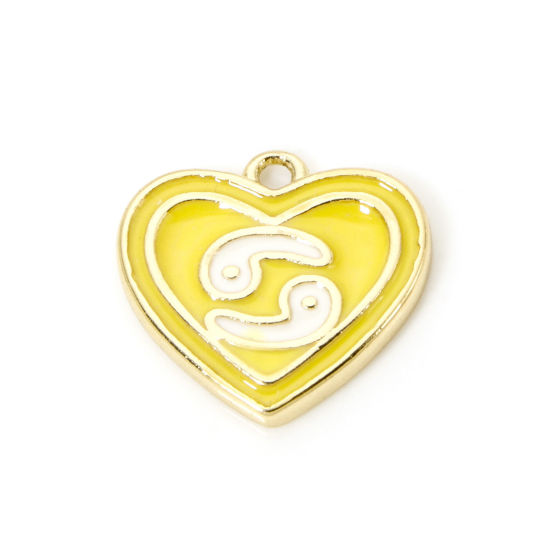 Picture of 2 PCs Brass Charms 18K Real Gold Plated Yellow Heart Cancer Sign Of Zodiac Constellations Enamel 13mm x 12mm