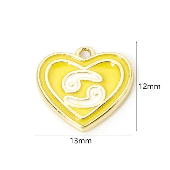 Picture of 2 PCs Brass Charms 18K Real Gold Plated Yellow Heart Cancer Sign Of Zodiac Constellations Enamel 13mm x 12mm