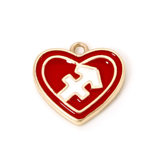 Picture of 2 PCs Brass Charms 18K Real Gold Plated Red Heart Sagittarius Sign Of Zodiac Constellations Enamel 13mm x 12mm