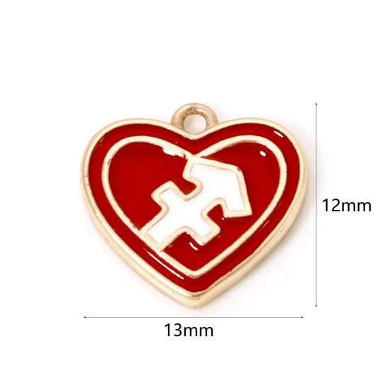 Picture of 2 PCs Brass Charms 18K Real Gold Plated Red Heart Sagittarius Sign Of Zodiac Constellations Enamel 13mm x 12mm