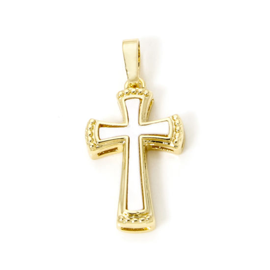 Picture of 1 Piece Natural Shell & Brass Religious Charm Pendant 18K Gold Plated Cross 28mm x 13mm