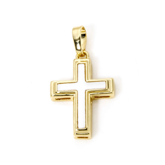 Picture of 1 Piece Natural Shell & Brass Religious Charm Pendant 18K Gold Plated Cross 27mm x 14mm