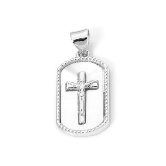 Изображение 1 Piece Natural Shell & Brass Religious Charm Pendant Platinum Plated Rectangle Cross 26mm x 11mm