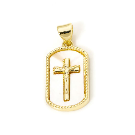 Picture of 1 Piece Natural Shell & Brass Religious Charm Pendant 18K Gold Plated Rectangle Cross 26mm x 11mm