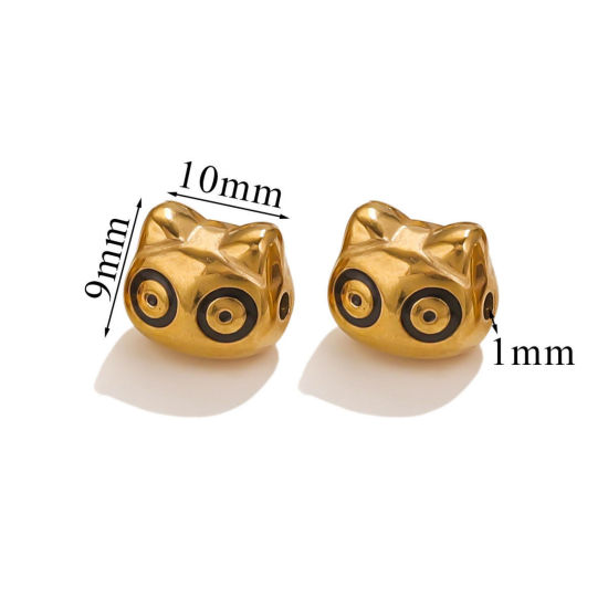 Picture of 1 Piece Eco-friendly PVD Vacuum Plating 304 Stainless Steel Christmas Beads For DIY Jewelry Making Cat Animal 18K Gold Plated Black Enamel 10mm x 9mm