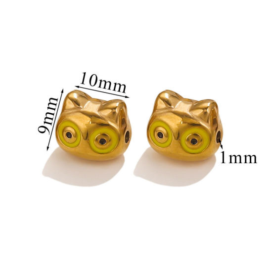 Picture of 1 Piece Eco-friendly PVD Vacuum Plating 304 Stainless Steel Christmas Beads For DIY Jewelry Making Cat Animal 18K Gold Plated Yellow Enamel 10mm x 9mm