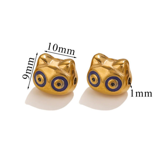 Picture of 1 Piece Eco-friendly PVD Vacuum Plating 304 Stainless Steel Christmas Beads For DIY Jewelry Making Cat Animal 18K Gold Plated Blue Enamel 10mm x 9mm