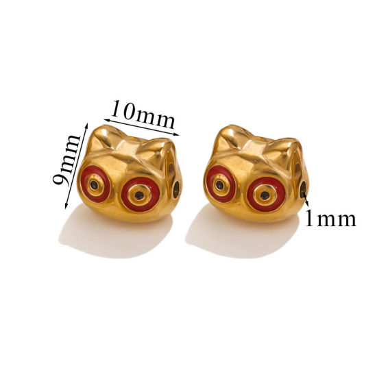 Picture of 1 Piece Eco-friendly PVD Vacuum Plating 304 Stainless Steel Christmas Beads For DIY Jewelry Making Cat Animal 18K Gold Plated Red Enamel 10mm x 9mm