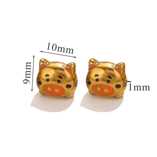 Picture of 1 Piece Eco-friendly PVD Vacuum Plating 304 Stainless Steel Christmas Beads For DIY Jewelry Making Pig Animal 18K Gold Plated Orange Enamel 10mm x 9mm