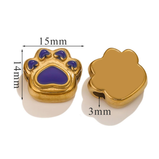 Picture of 1 Piece Eco-friendly PVD Vacuum Plating 304 Stainless Steel Christmas Beads For DIY Jewelry Making Bear's Paw 18K Gold Plated Blue Enamel 15mm x 14mm