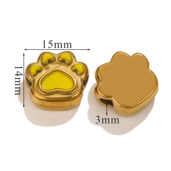 Picture of 1 Piece Eco-friendly PVD Vacuum Plating 304 Stainless Steel Christmas Beads For DIY Jewelry Making Bear's Paw 18K Gold Plated Yellow Enamel 15mm x 14mm