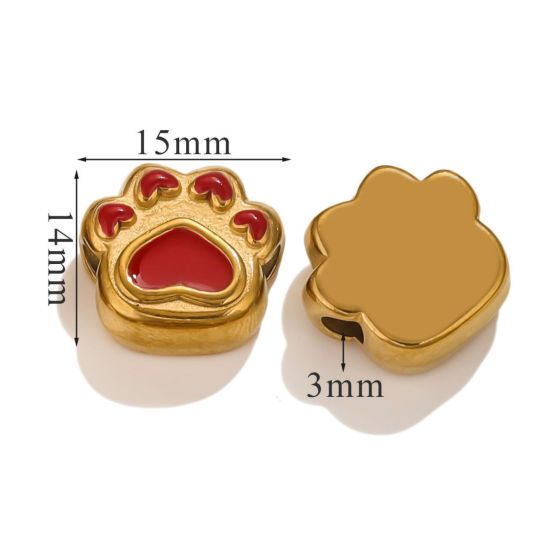 Picture of 1 Piece Eco-friendly PVD Vacuum Plating 304 Stainless Steel Christmas Beads For DIY Jewelry Making Bear's Paw 18K Gold Plated Red Enamel 15mm x 14mm