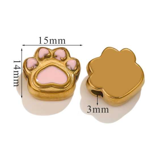 Picture of 1 Piece Eco-friendly PVD Vacuum Plating 304 Stainless Steel Christmas Beads For DIY Jewelry Making Bear's Paw 18K Gold Plated Pink Enamel 15mm x 14mm