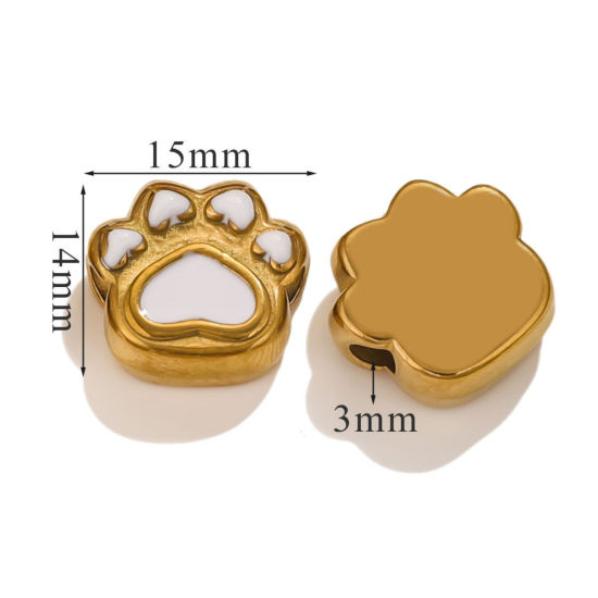 Picture of 1 Piece Eco-friendly PVD Vacuum Plating 304 Stainless Steel Christmas Beads For DIY Jewelry Making Bear's Paw 18K Gold Plated White Enamel 15mm x 14mm