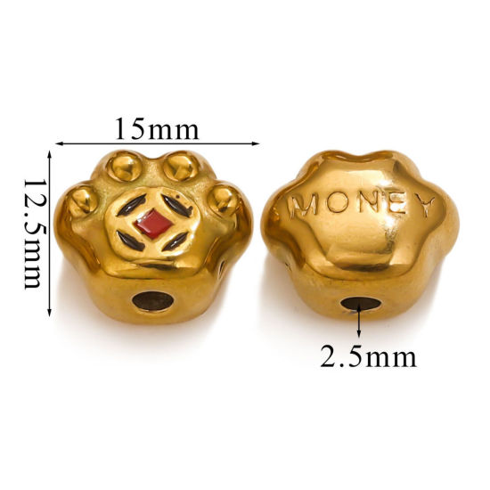 Picture of 1 Piece Eco-friendly PVD Vacuum Plating 304 Stainless Steel Christmas Beads For DIY Jewelry Making Bear's Paw 18K Gold Plated Red Copper Cash Coin Enamel 15mm x 12.5mm