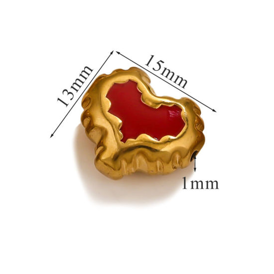 Picture of 1 Piece Eco-friendly PVD Vacuum Plating 304 Stainless Steel Christmas Beads For DIY Jewelry Making Heart 18K Gold Plated Red Enamel 15mm x 13mm