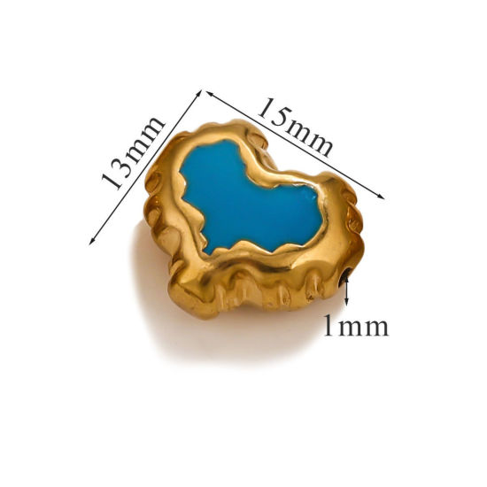 Picture of 1 Piece Eco-friendly PVD Vacuum Plating 304 Stainless Steel Christmas Beads For DIY Jewelry Making Heart 18K Gold Plated Blue Enamel 15mm x 13mm