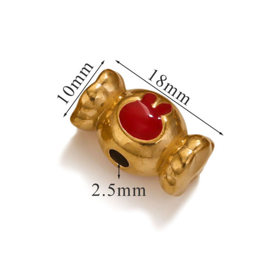 Picture of 1 Piece Eco-friendly PVD Vacuum Plating 304 Stainless Steel Christmas Beads For DIY Jewelry Making Candy 18K Gold Plated Red Rabbit Enamel 18mm x 10mm