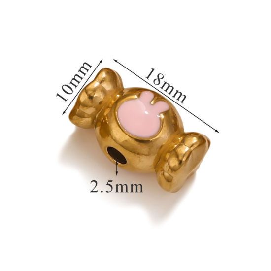 Picture of 1 Piece Eco-friendly PVD Vacuum Plating 304 Stainless Steel Christmas Beads For DIY Jewelry Making Candy 18K Gold Plated Pink Rabbit Enamel 18mm x 10mm