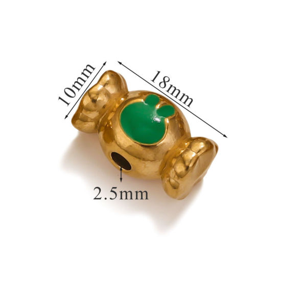 Picture of 1 Piece Eco-friendly PVD Vacuum Plating 304 Stainless Steel Christmas Beads For DIY Jewelry Making Candy 18K Gold Plated Green Rabbit Enamel 18mm x 10mm