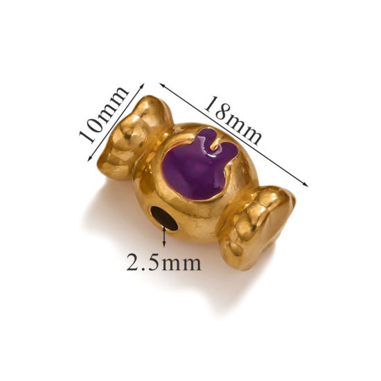 Picture of 1 Piece Eco-friendly PVD Vacuum Plating 304 Stainless Steel Christmas Beads For DIY Jewelry Making Candy 18K Gold Plated Purple Rabbit Enamel 18mm x 10mm