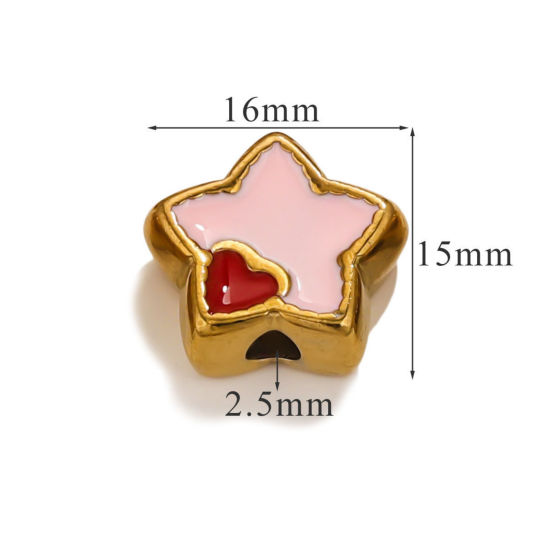 Picture of 1 Piece Eco-friendly PVD Vacuum Plating 304 Stainless Steel Christmas Beads For DIY Jewelry Making Pentagram Star 18K Gold Plated Red & Pink Heart Enamel 16mm x 15mm