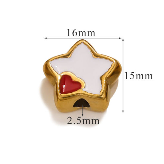 Picture of 1 Piece Eco-friendly PVD Vacuum Plating 304 Stainless Steel Christmas Beads For DIY Jewelry Making Pentagram Star 18K Gold Plated White & Red Heart Enamel 16mm x 15mm