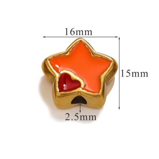 Picture of 1 Piece Eco-friendly PVD Vacuum Plating 304 Stainless Steel Christmas Beads For DIY Jewelry Making Pentagram Star 18K Gold Plated Orange Heart Enamel 16mm x 15mm