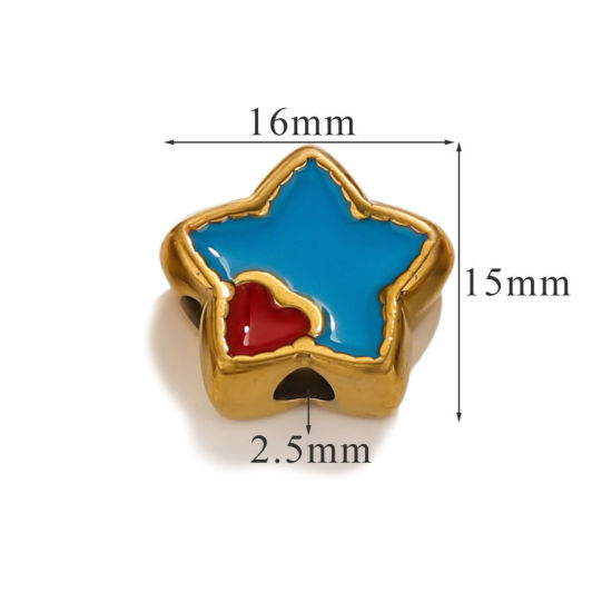 Picture of 1 Piece Eco-friendly PVD Vacuum Plating 304 Stainless Steel Christmas Beads For DIY Jewelry Making Pentagram Star 18K Gold Plated Red & Blue Heart Enamel 16mm x 15mm