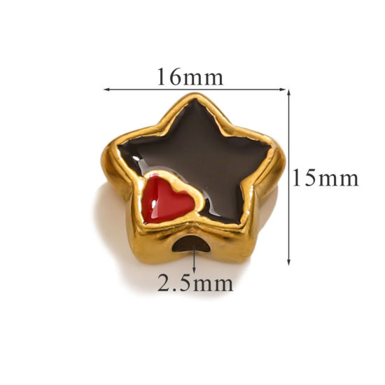 Picture of 1 Piece Eco-friendly PVD Vacuum Plating 304 Stainless Steel Christmas Beads For DIY Jewelry Making Pentagram Star 18K Gold Plated Black & Red Heart Enamel 16mm x 15mm