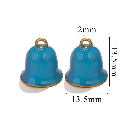 Picture of 1 Piece Vacuum Plating 304 Stainless Steel Charms Gold Plated Christmas Jingle Bell Enamel 13.5mm x 13.5mm