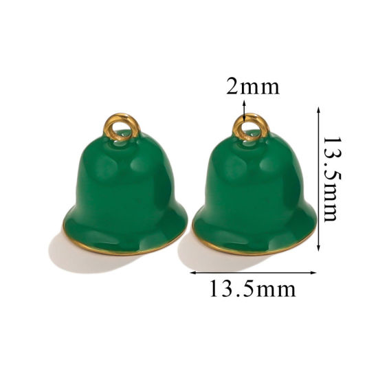 Picture of 1 Piece Vacuum Plating 304 Stainless Steel Charms Gold Plated Green Christmas Jingle Bell Enamel 13.5mm x 13.5mm