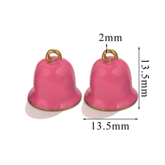 Picture of 1 Piece Vacuum Plating 304 Stainless Steel Charms Gold Plated Pink Christmas Jingle Bell Enamel 13.5mm x 13.5mm