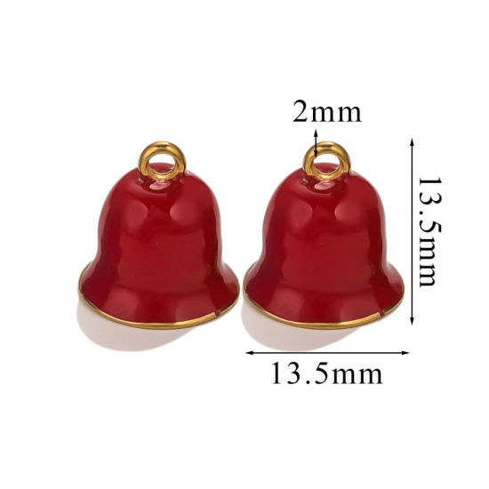 Picture of 1 Piece Vacuum Plating 304 Stainless Steel Charms Gold Plated Red Christmas Jingle Bell Enamel 13.5mm x 13.5mm