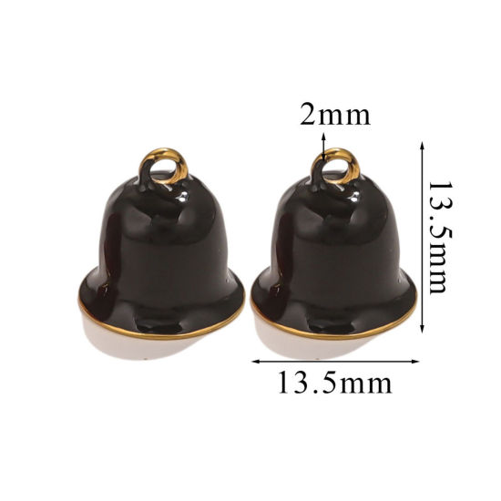 Picture of 1 Piece Vacuum Plating 304 Stainless Steel Charms Gold Plated Black Christmas Jingle Bell Enamel 13.5mm x 13.5mm