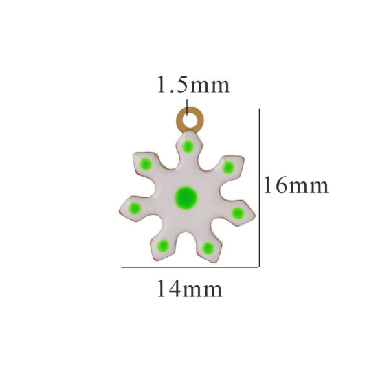 Picture of 2 PCs Vacuum Plating 304 Stainless Steel Charms Gold Plated White & Green Christmas Snowflake Enamel 14mm x 16mm