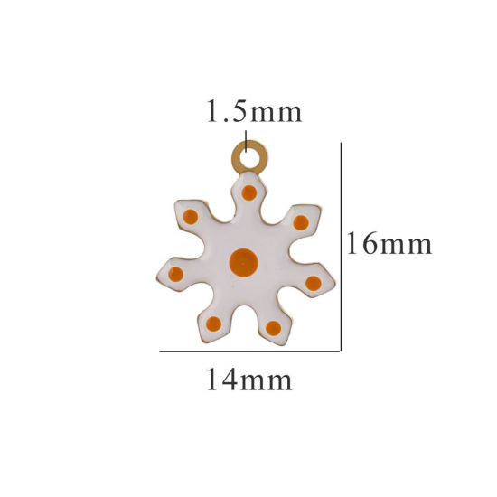 Picture of 2 PCs Vacuum Plating 304 Stainless Steel Charms Gold Plated White & Orange Christmas Snowflake Enamel 14mm x 16mm