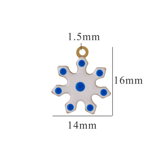 Picture of 2 PCs Vacuum Plating 304 Stainless Steel Charms Gold Plated White & Blue Christmas Snowflake Enamel 14mm x 16mm