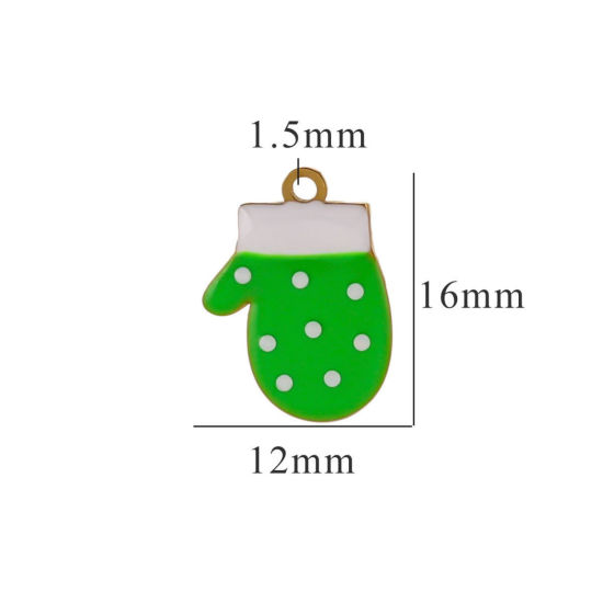 Picture of 2 PCs Vacuum Plating 304 Stainless Steel Charms Gold Plated Green Christmas Gloves Enamel 12mm x 16mm