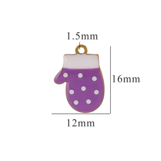 Picture of 2 PCs Vacuum Plating 304 Stainless Steel Charms Gold Plated Purple Christmas Gloves Enamel 12mm x 16mm