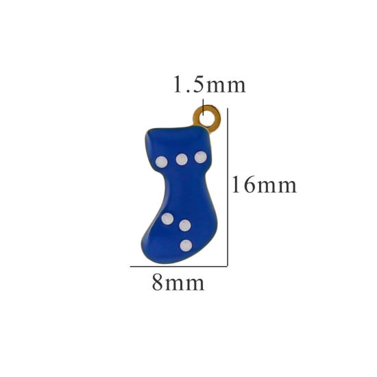 Picture of 2 PCs Vacuum Plating 304 Stainless Steel Charms Gold Plated Blue Christmas Stocking Enamel 8mm x 16mm